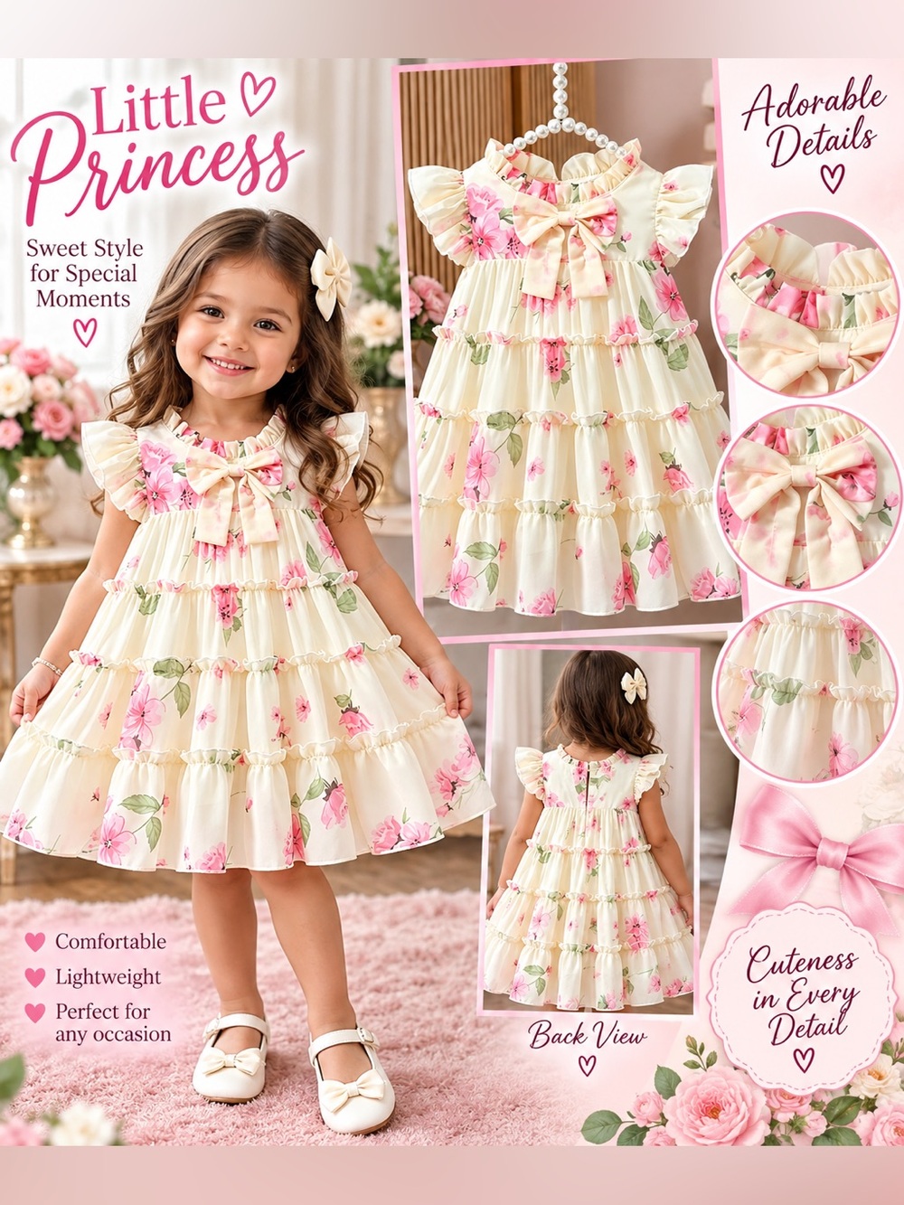 🌸🆕🌸Girls Cream Floral Ruffled Princess Dress with Pink Flowers (2-3Y/36-39)